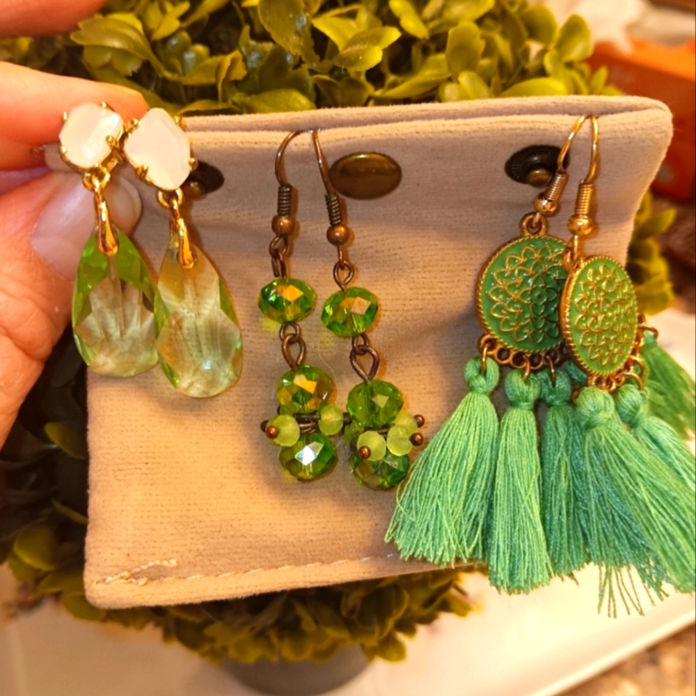 Green Lot of Three Pairs of Earrings